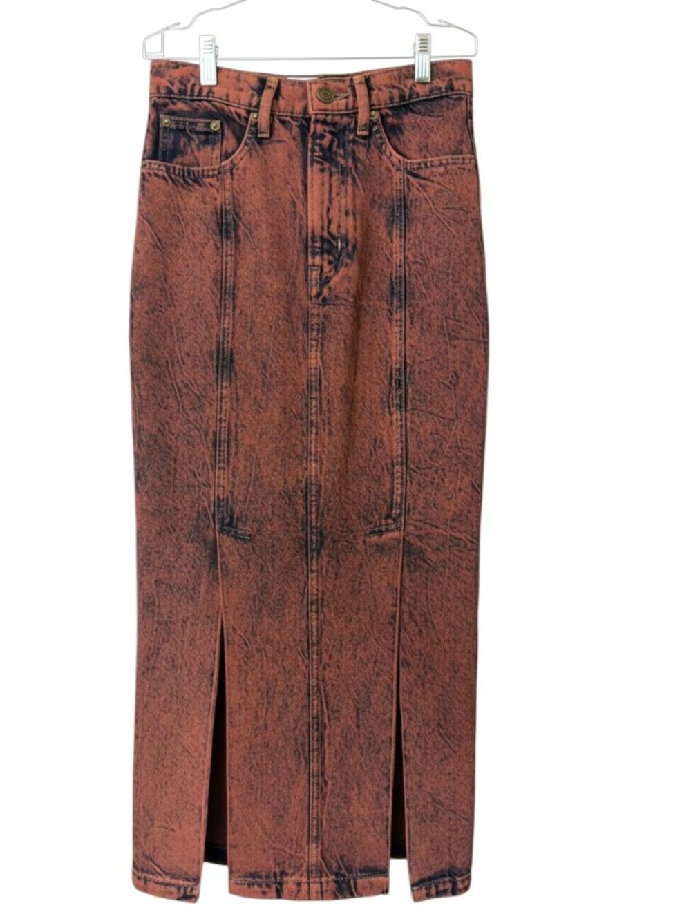 NWOT Frame Denim Rust Terracotta Acid Wash Maxi Skirt Front Slit Sz 26 Designer